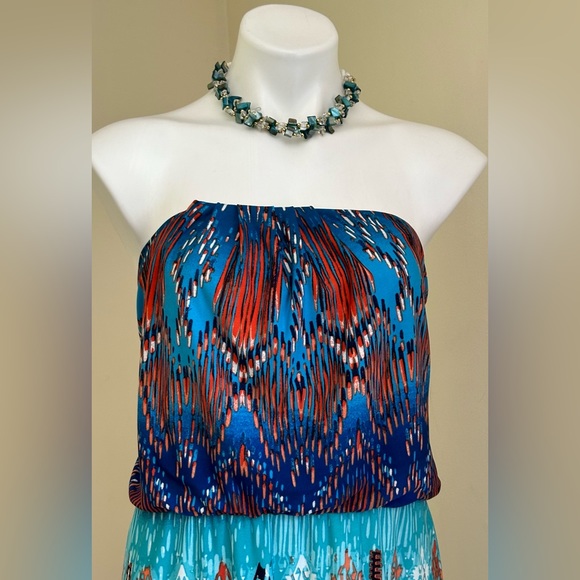 Bisou Bisou Geometric Orange Blues White tribal Colorful Sun Dress Maxi… - Picture 2 of 12
